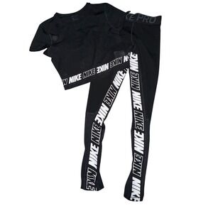 Nike Pro Set XS Black Dri-FIT Crop Top Leggings Mesh Logo Athleisure Gymwear